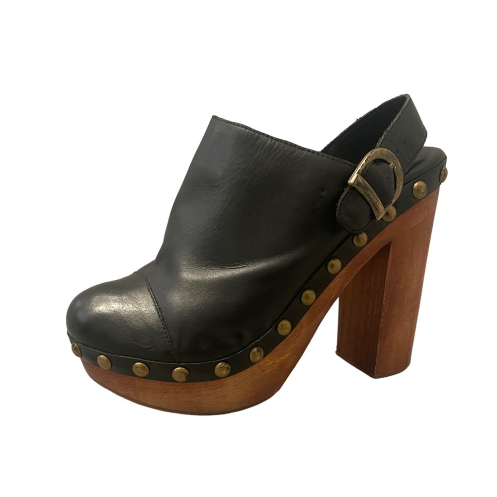Jeffrey Campbell woodies studded black leather with signature wooden heels.